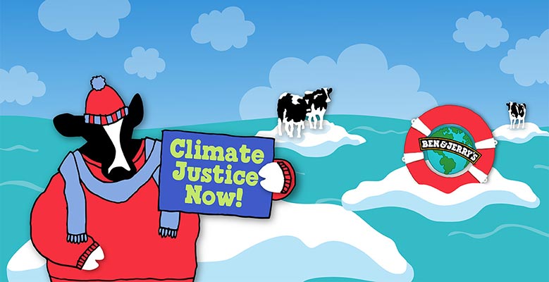 Illustration of the Ben & Jerry's cow holding a sign that says "Climate Justice Now"